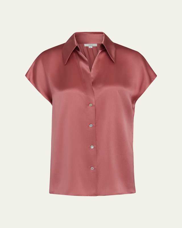 Cap-Sleeve Ruched-Back Silk Blouse